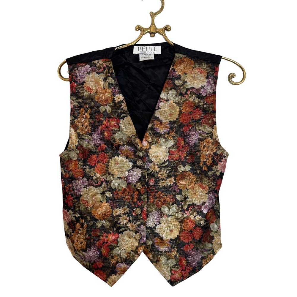 Petite Sophisticate Vintage Floral Tapestry Vest Black Gold Metallic Made in USA